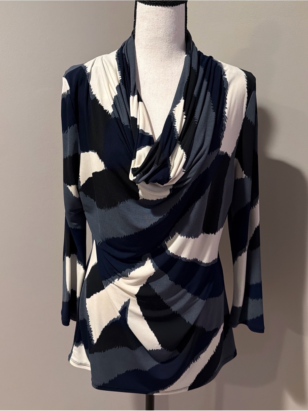 Adrienne Vittadini Navy, Gray & White Draped Cowl Neck Blouse